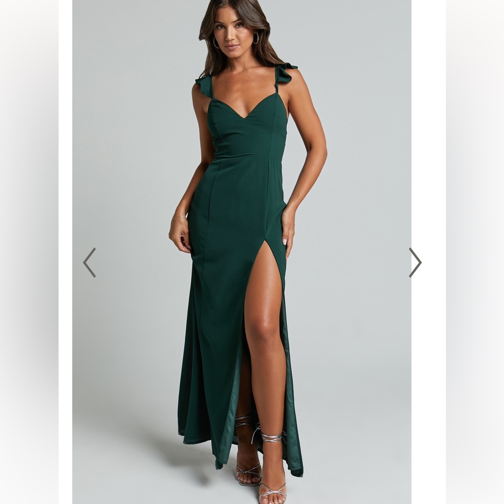 Showpo. More Than This Dress - Ruffle Strap Thigh Split Dress In Emerald